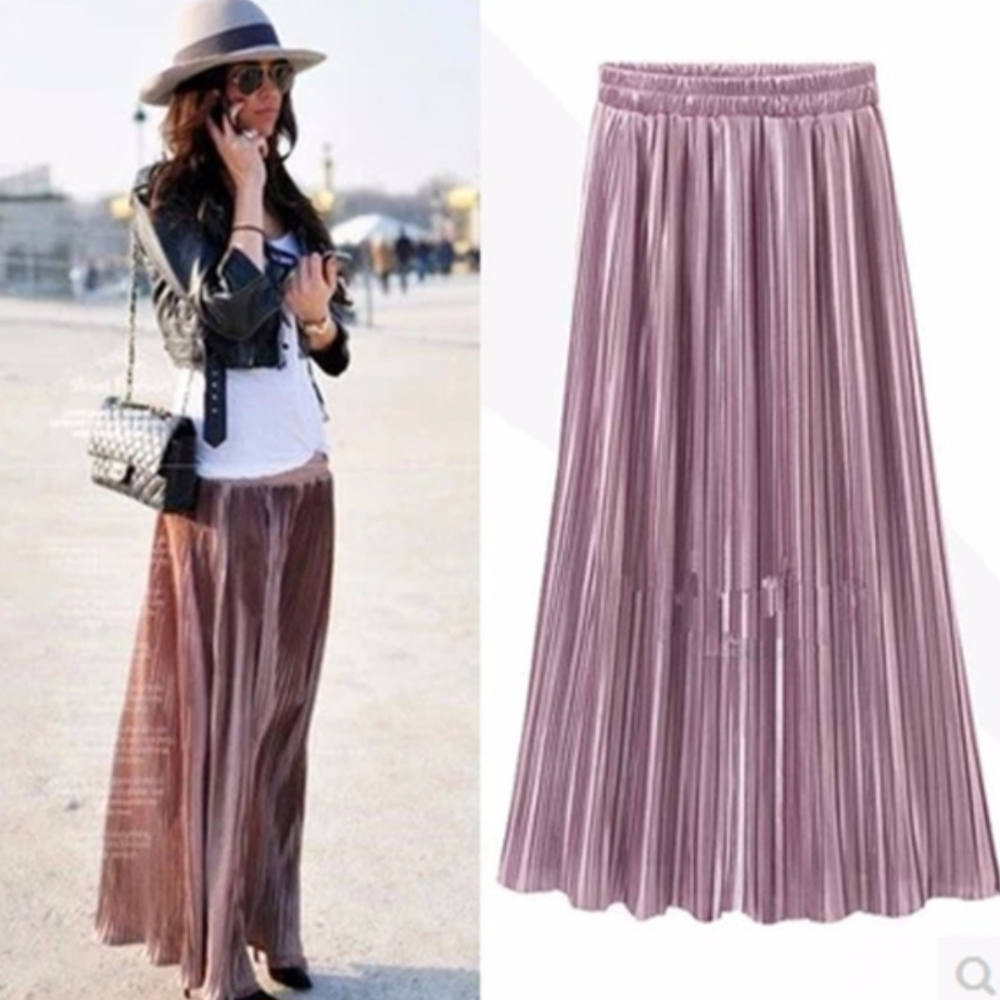 Pleated Metallic Maxi Skirt - Lavender Pink